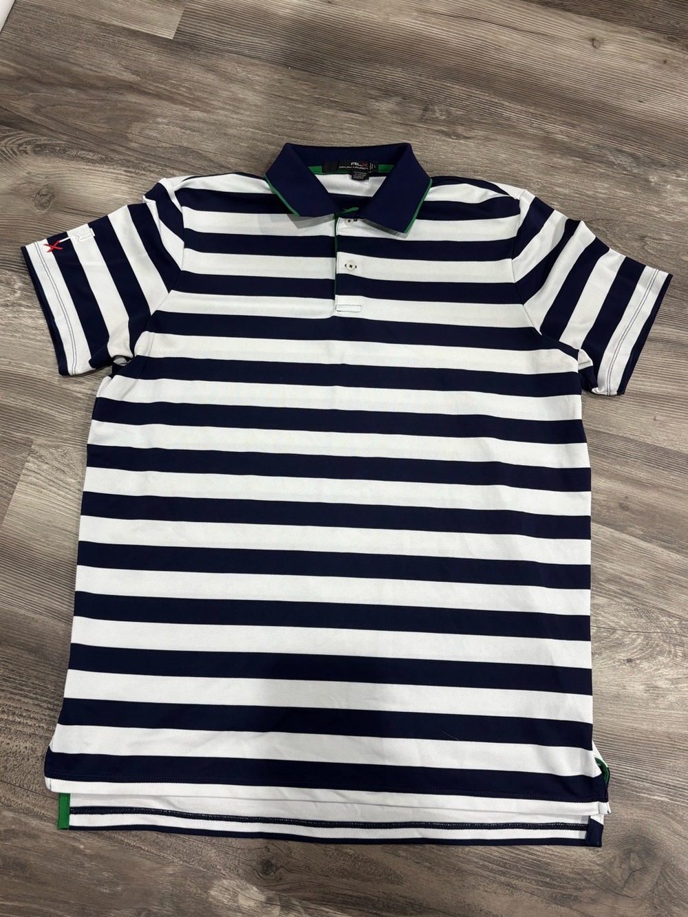 RLX Ralph Lauren Navy & White Striped Polo with Green Trim